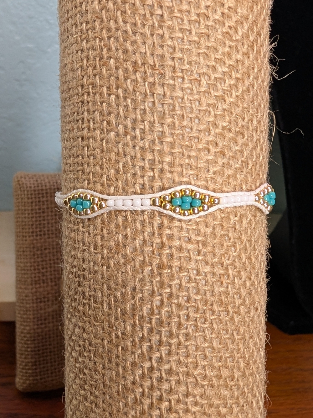 Turquoise & Gold Macrame Seed Bead Adjustable Wave Bracelet